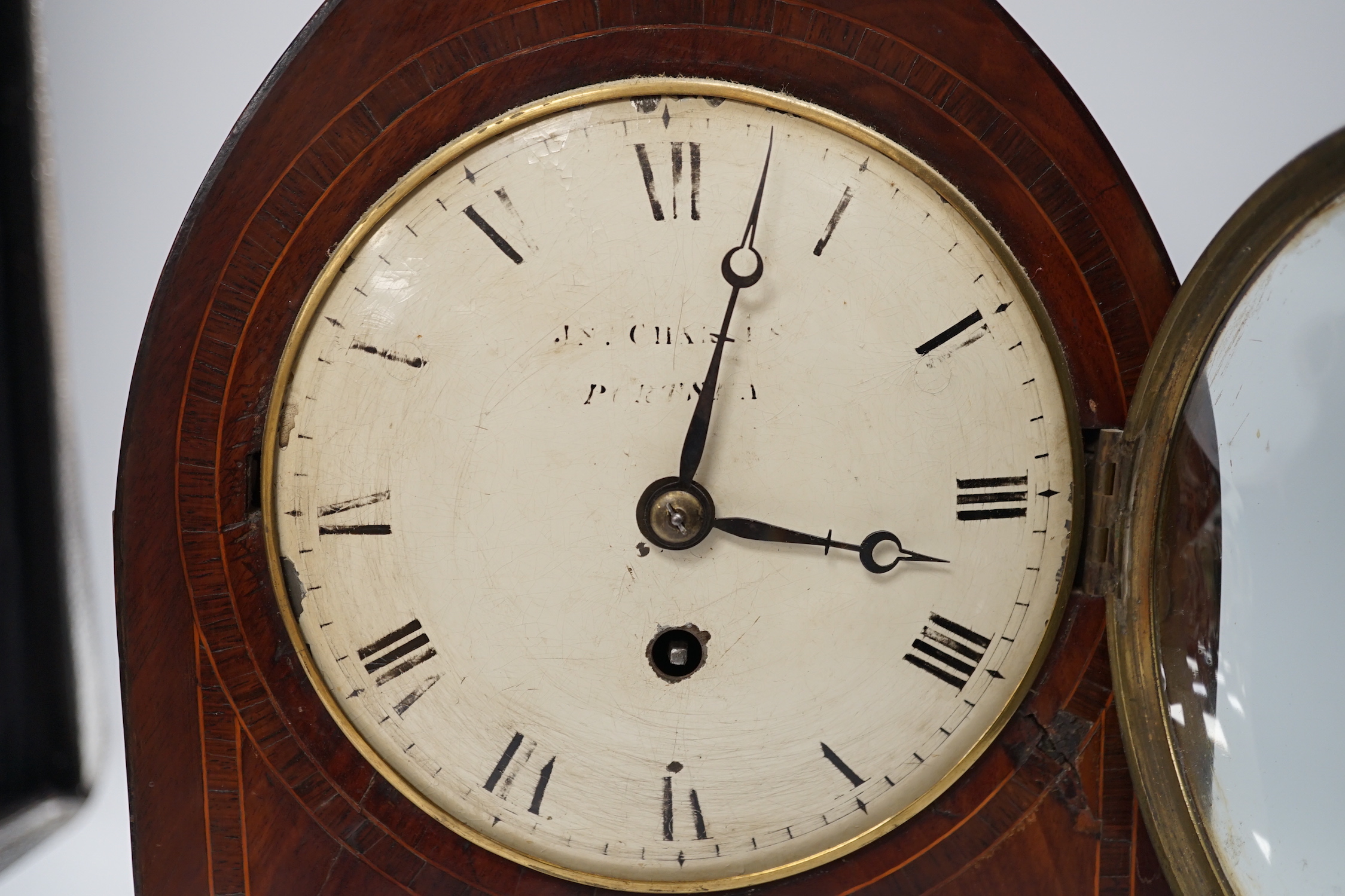 An early 19th century mahogany-cased lancet bracket timepiece, single fusee movement, 37.5cm (A/F)